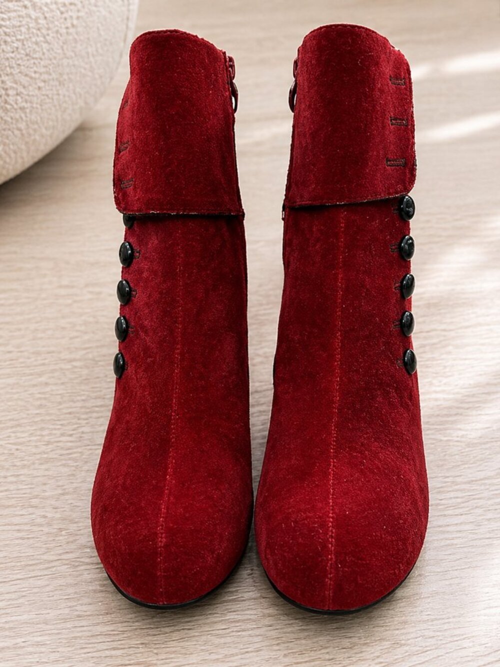 Red Velvet Victorian Inspired Platform Booties Button Accent Stiletto Heel - Picture 2 of 16
